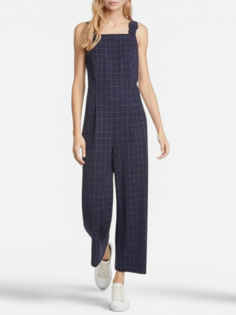 Club Monaco Navy Windowpane Check Crop Wide Leg Jumpsuit Sz 8